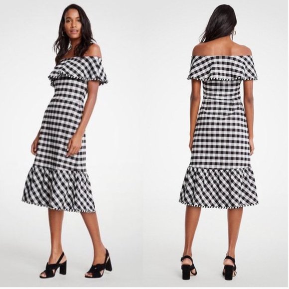 🎉 2 x HP 🎉 Petite Gingham Off The Shoulder Midi Dress - Picture 1 of 8